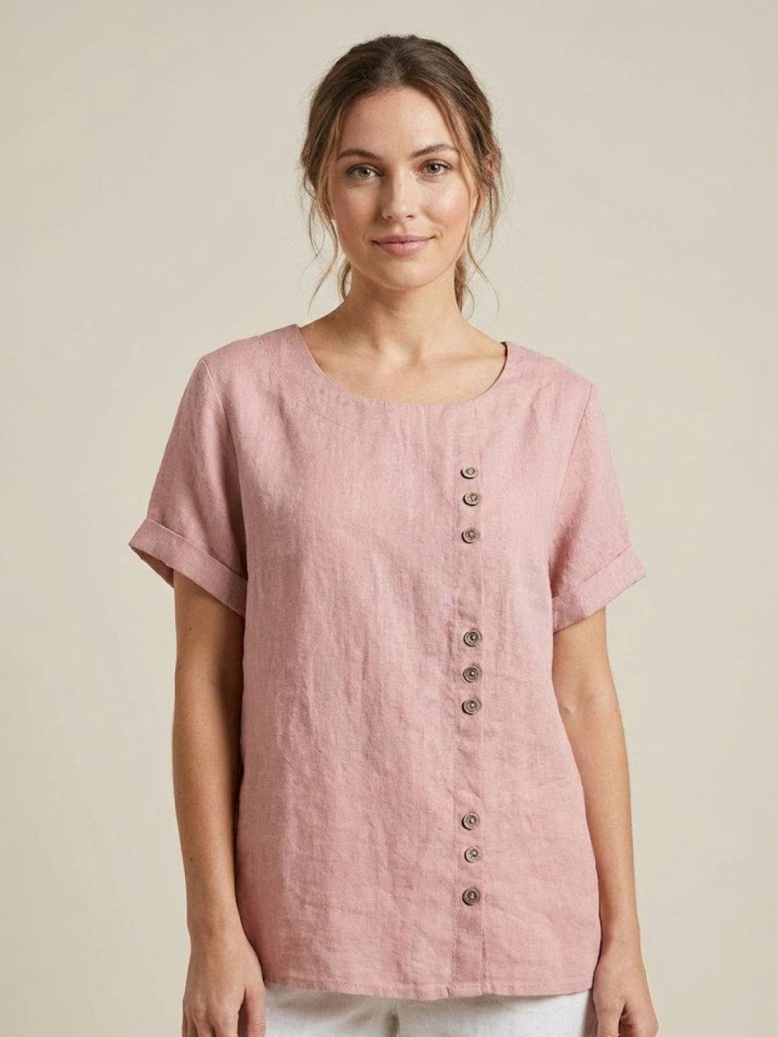 Linnen Ronde Hals Blouse met Knoopsluiting voor Dames