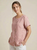Linnen Ronde Hals Blouse met Knoopsluiting voor Dames