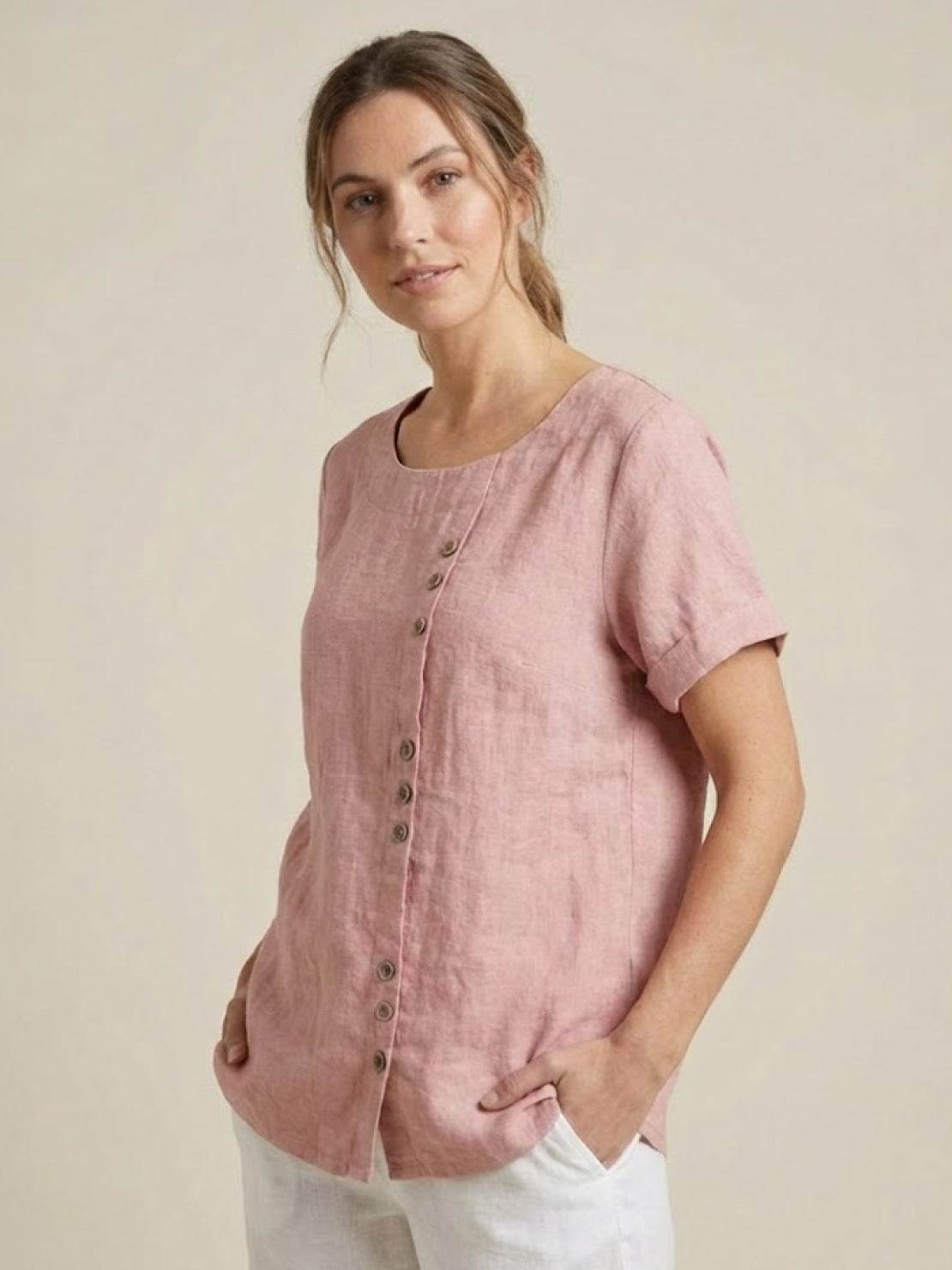 Linnen Ronde Hals Blouse met Knoopsluiting voor Dames