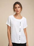 Linnen Ronde Hals Blouse met Knoopsluiting voor Dames