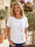 Linnen Ronde Hals Blouse met Knoopsluiting voor Dames