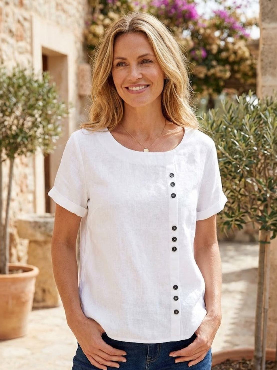 Linnen Ronde Hals Blouse met Knoopsluiting voor Dames