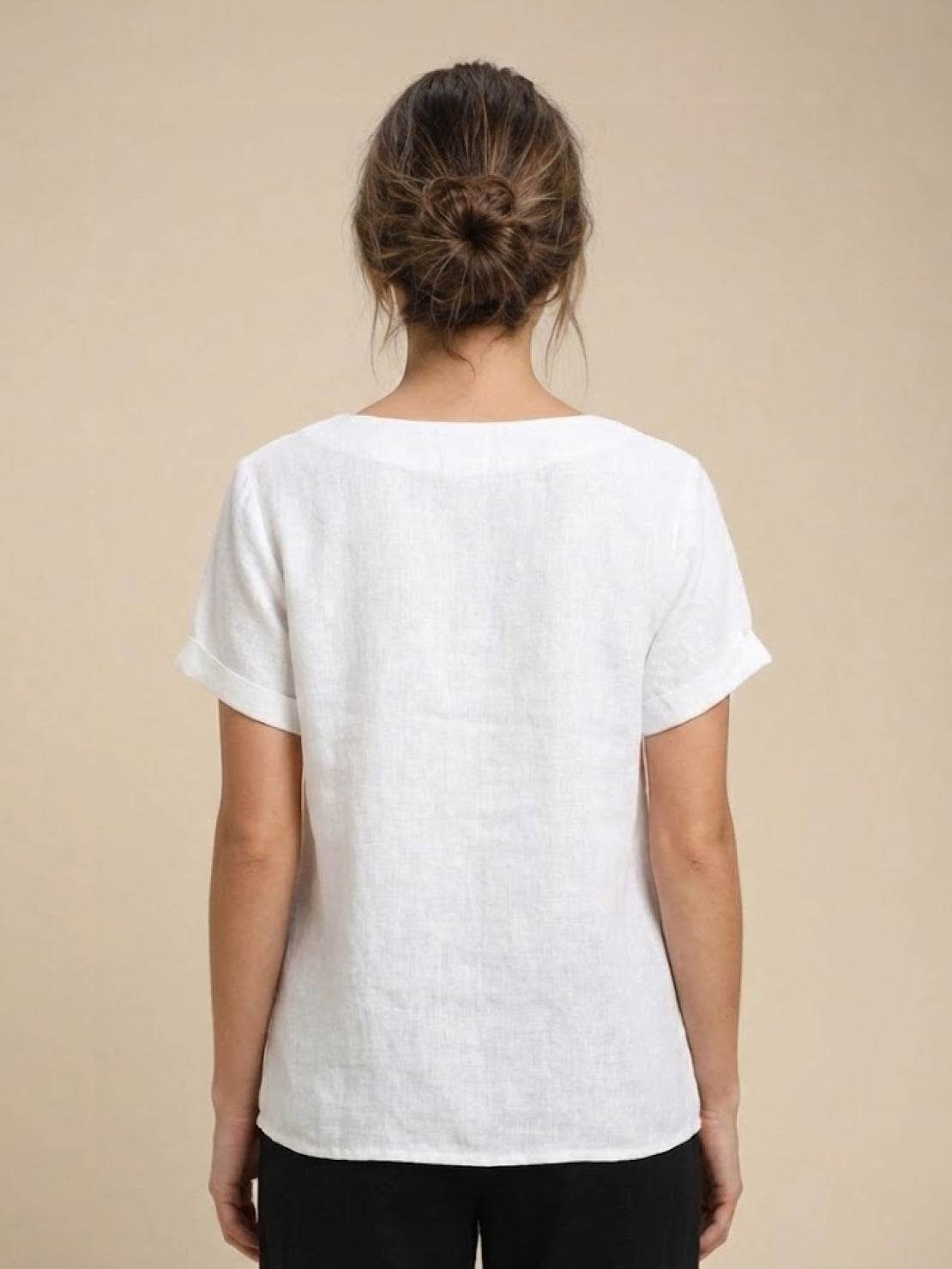 Linnen Ronde Hals Blouse met Knoopsluiting voor Dames