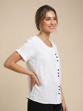 Linnen Ronde Hals Blouse met Knoopsluiting voor Dames