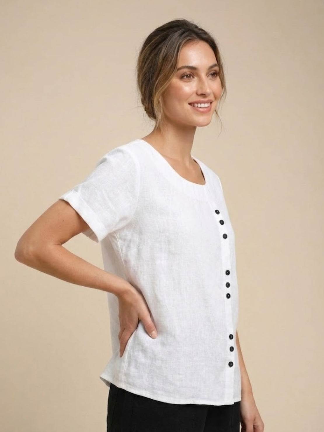 Linnen Ronde Hals Blouse met Knoopsluiting voor Dames