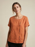 Linnen Ronde Hals Blouse met Knoopsluiting voor Dames
