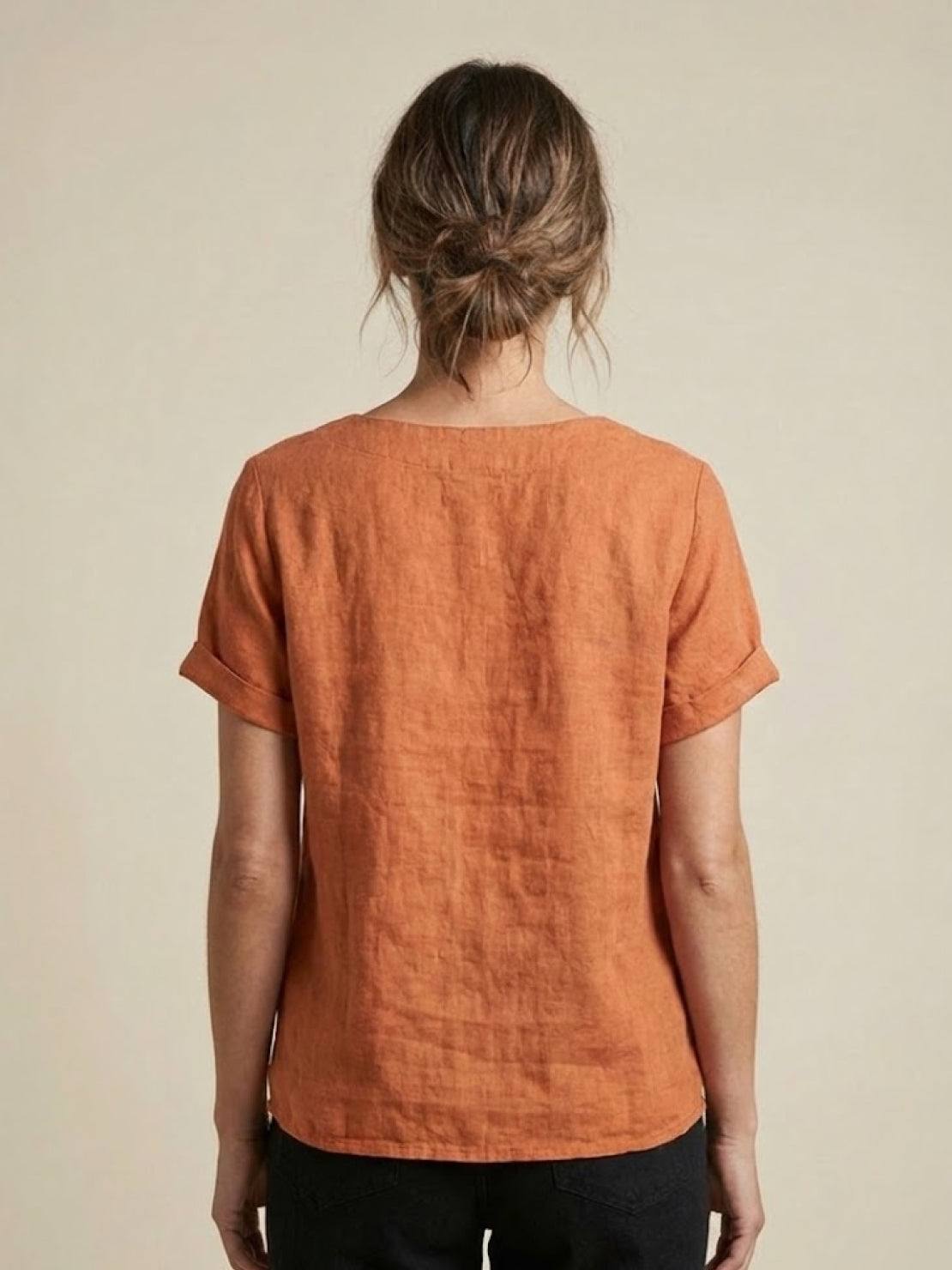 Linnen Ronde Hals Blouse met Knoopsluiting voor Dames