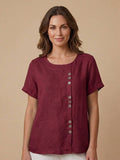 Linnen Ronde Hals Blouse met Knoopsluiting voor Dames