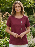 Linnen Ronde Hals Blouse met Knoopsluiting voor Dames