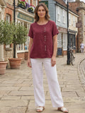 Linnen Ronde Hals Blouse met Knoopsluiting voor Dames
