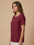 Linnen Ronde Hals Blouse met Knoopsluiting voor Dames