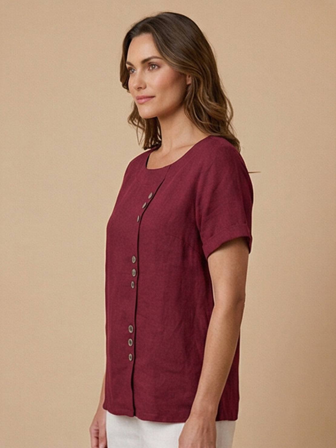 Linnen Ronde Hals Blouse met Knoopsluiting voor Dames