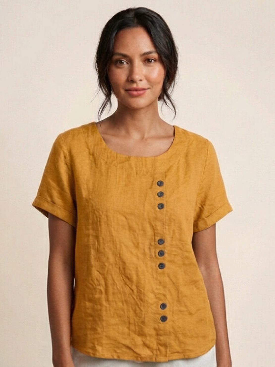 Linnen Ronde Hals Blouse met Knoopsluiting voor Dames