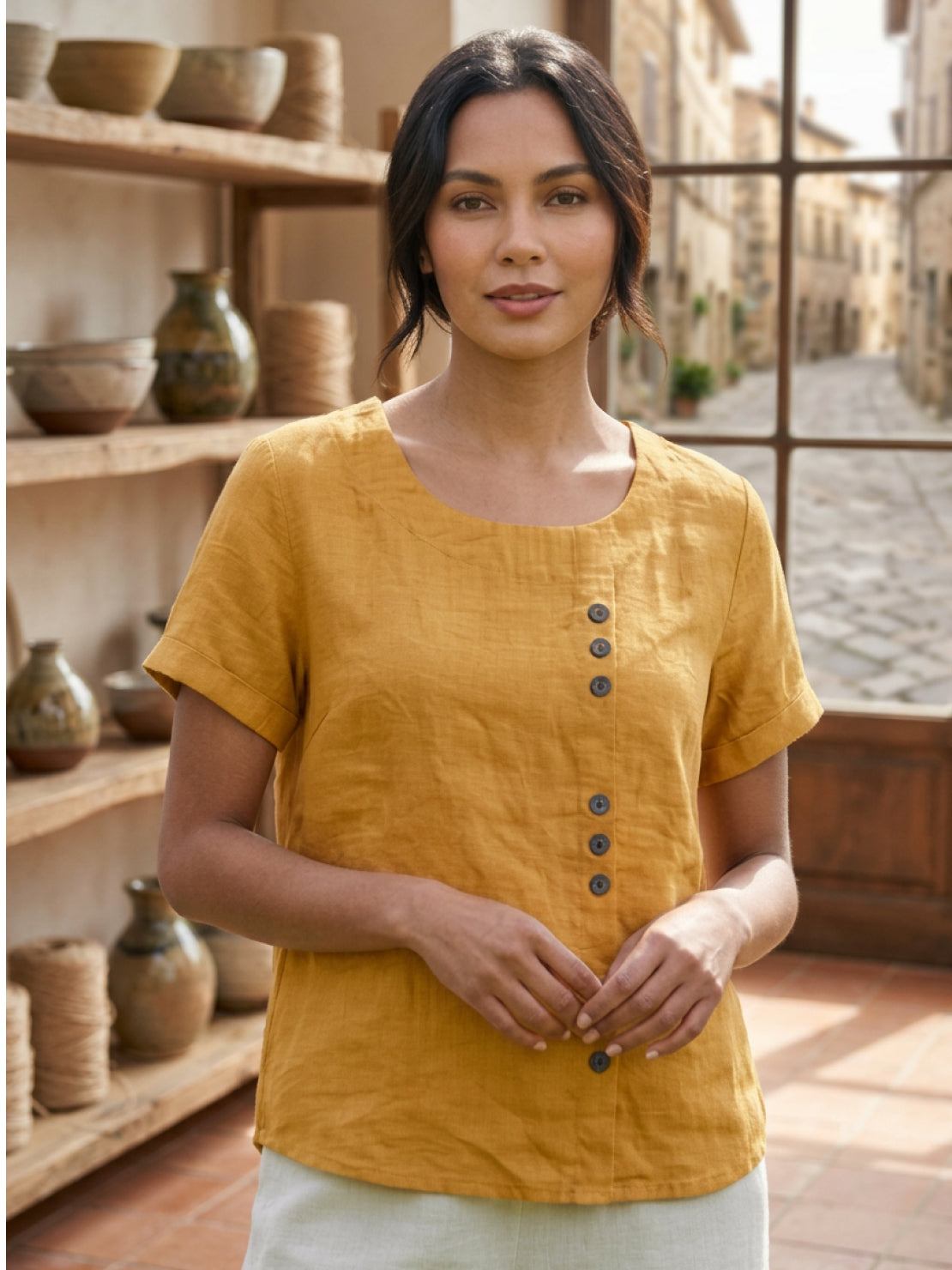 Linnen Ronde Hals Blouse met Knoopsluiting voor Dames