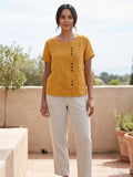 Linnen Ronde Hals Blouse met Knoopsluiting voor Dames