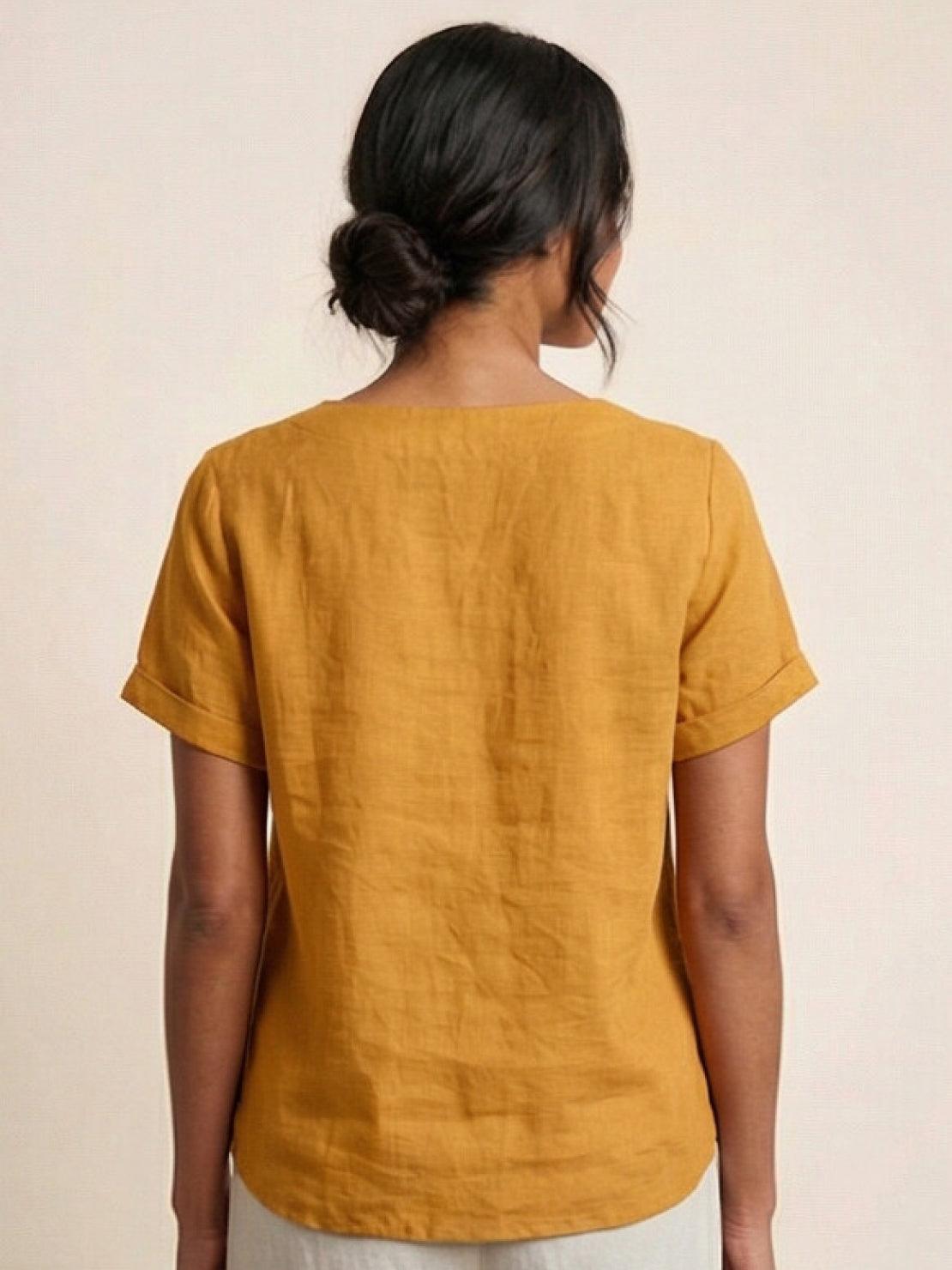 Linnen Ronde Hals Blouse met Knoopsluiting voor Dames