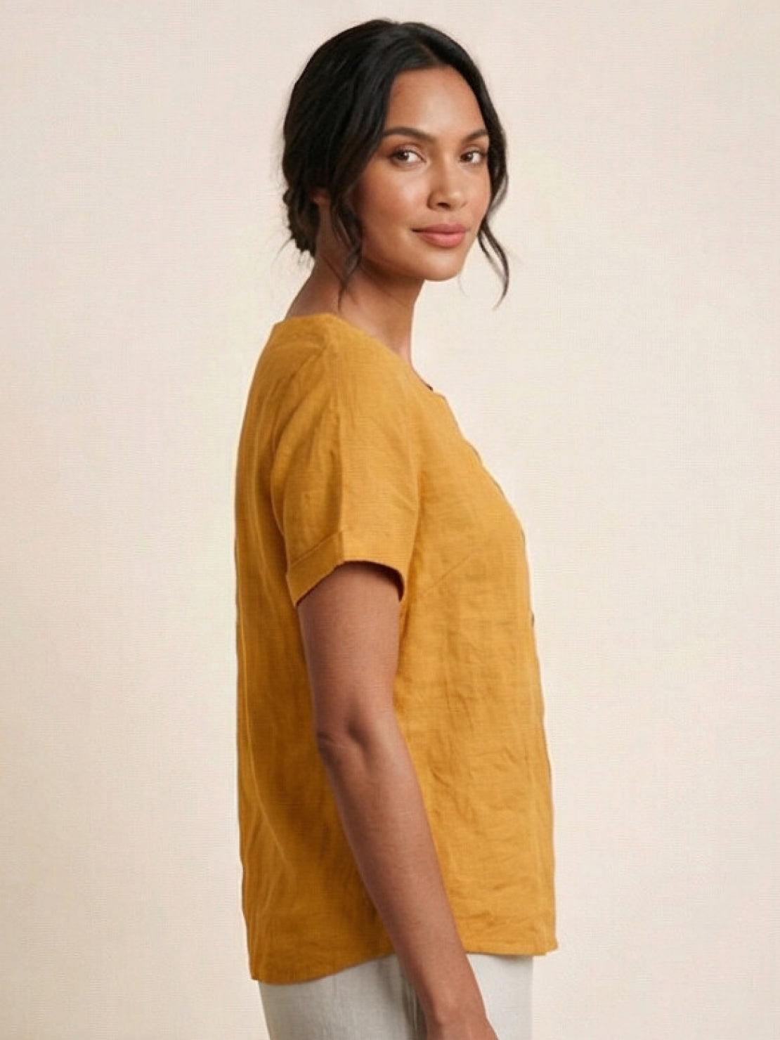 Linnen Ronde Hals Blouse met Knoopsluiting voor Dames