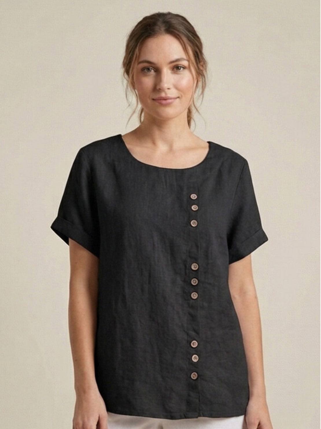Linnen Ronde Hals Blouse met Knoopsluiting voor Dames
