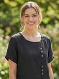 Linnen Ronde Hals Blouse met Knoopsluiting voor Dames