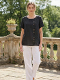 Linnen Ronde Hals Blouse met Knoopsluiting voor Dames