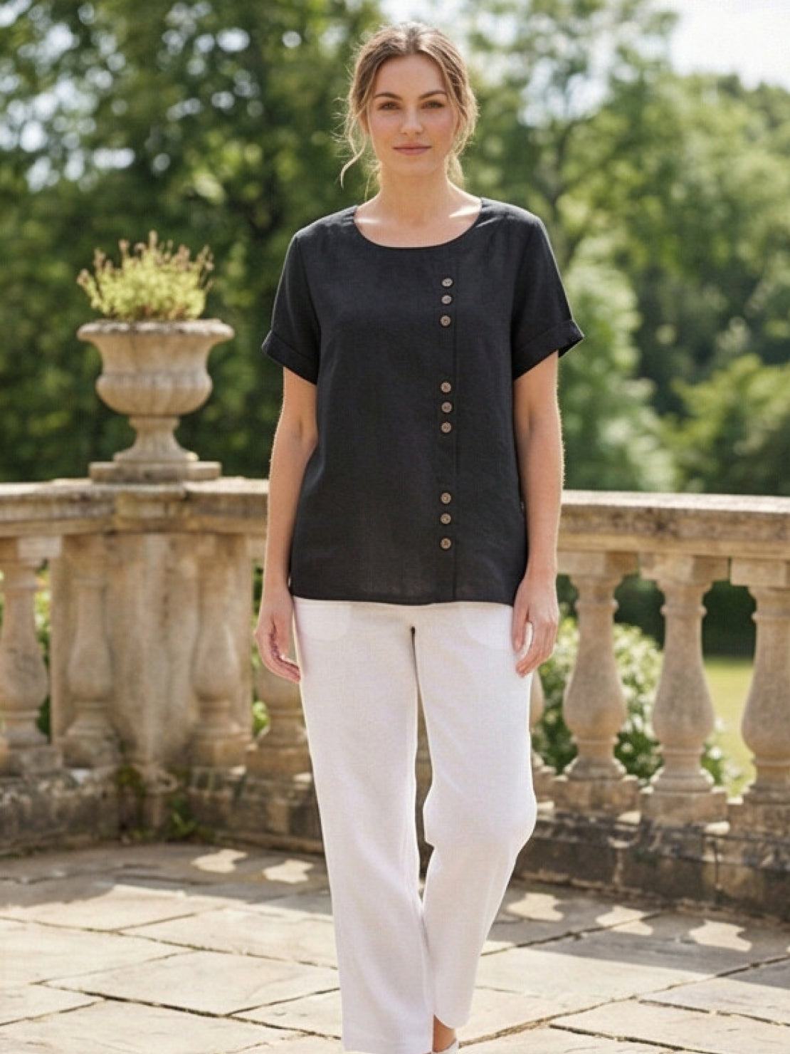 Linnen Ronde Hals Blouse met Knoopsluiting voor Dames
