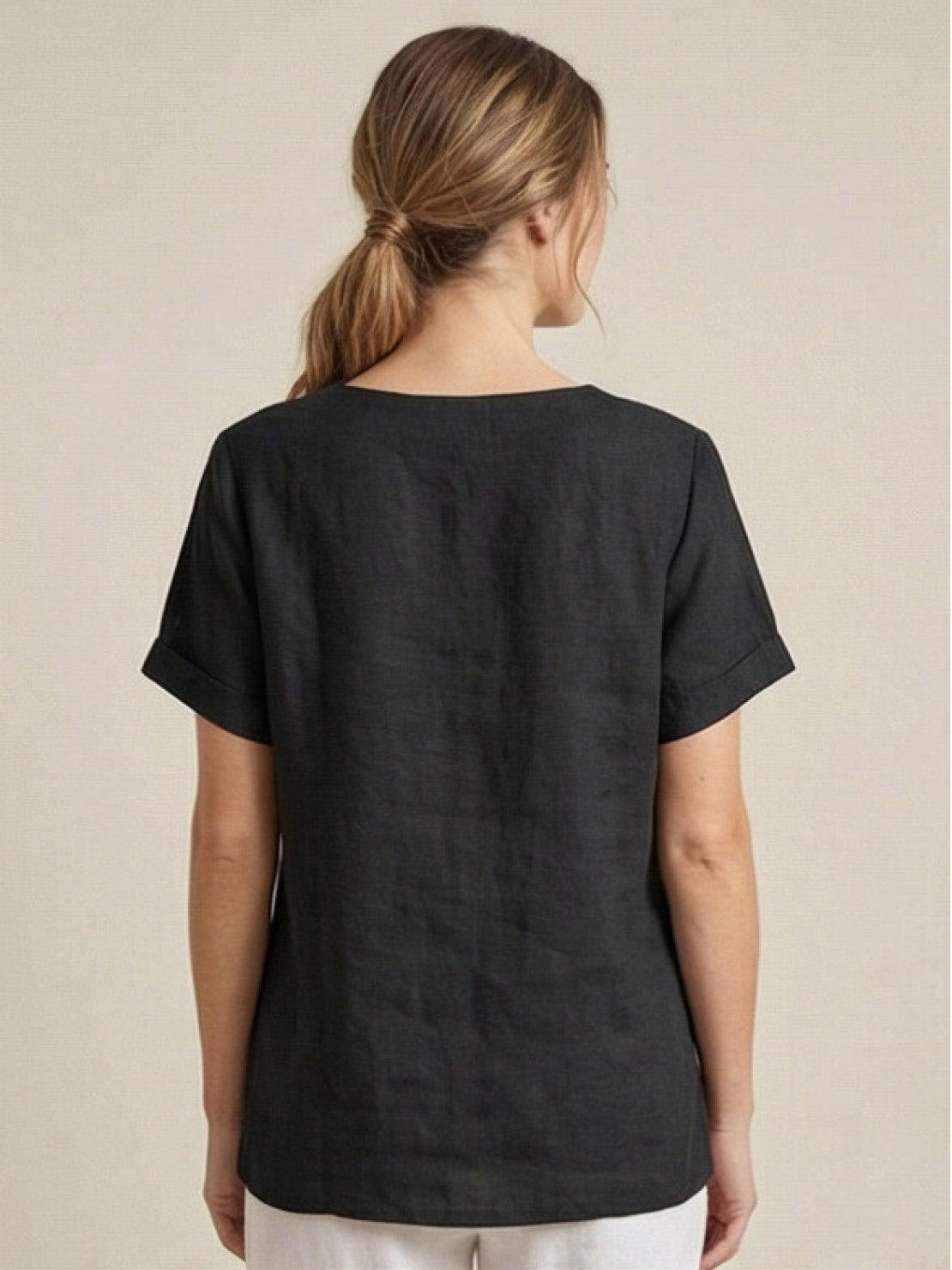 Linnen Ronde Hals Blouse met Knoopsluiting voor Dames