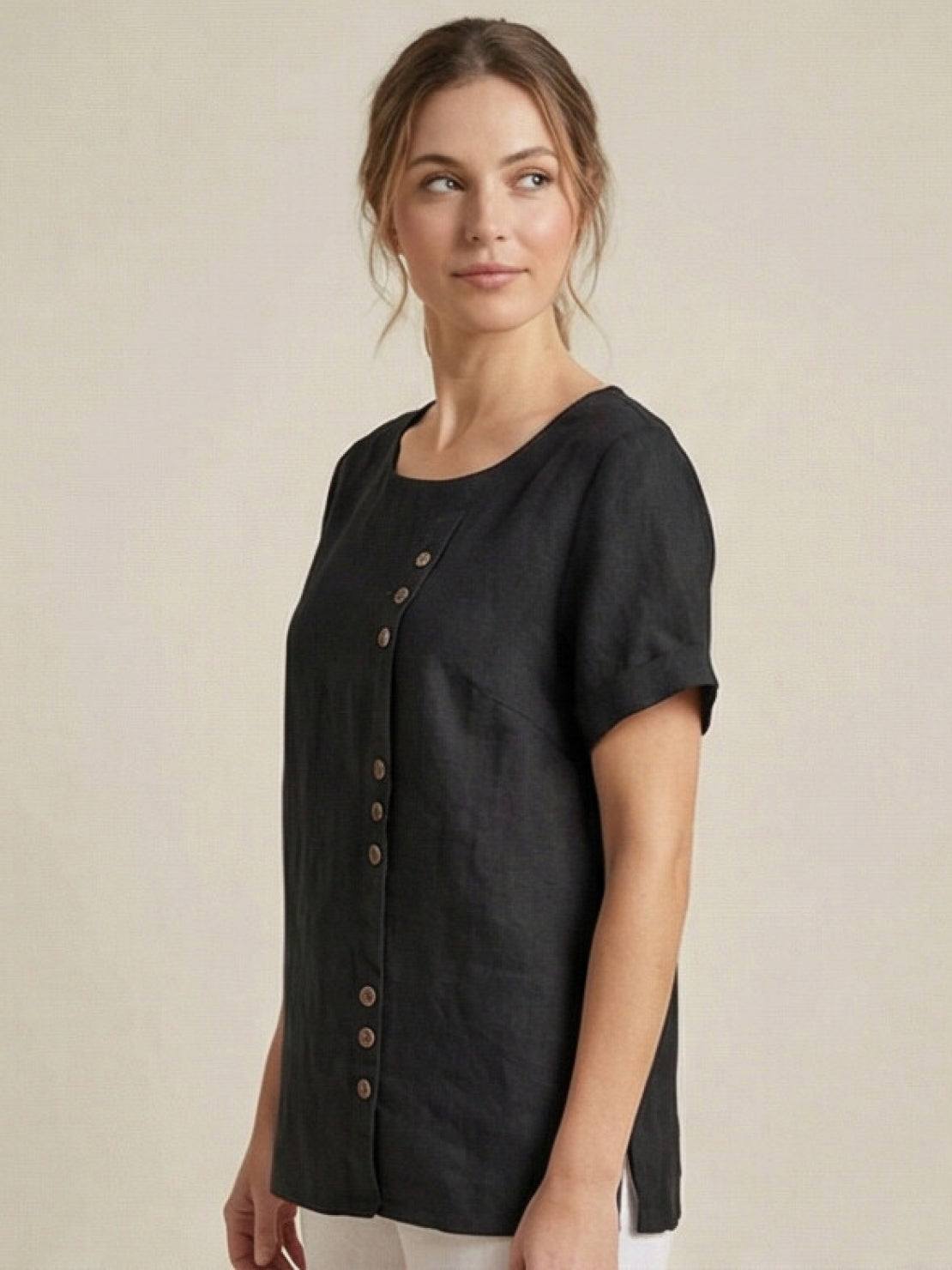 Linnen Ronde Hals Blouse met Knoopsluiting voor Dames