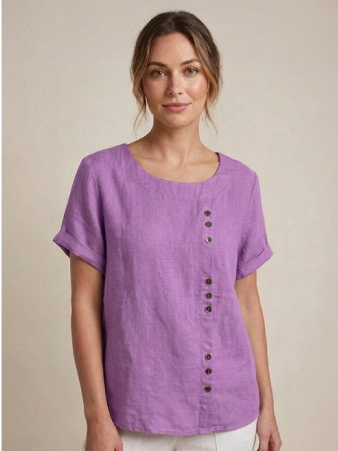Linnen Ronde Hals Blouse met Knoopsluiting voor Dames