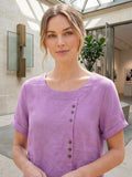 Linnen Ronde Hals Blouse met Knoopsluiting voor Dames