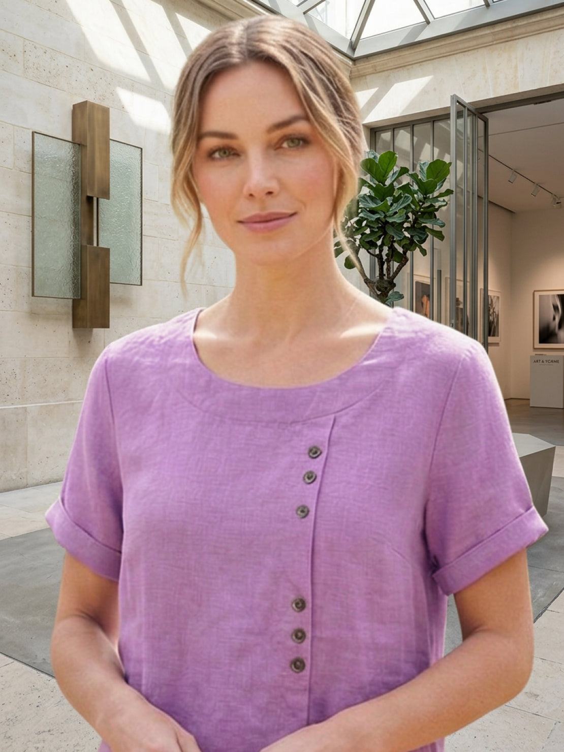 Linnen Ronde Hals Blouse met Knoopsluiting voor Dames