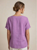 Linnen Ronde Hals Blouse met Knoopsluiting voor Dames