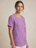 Linnen Ronde Hals Blouse met Knoopsluiting voor Dames