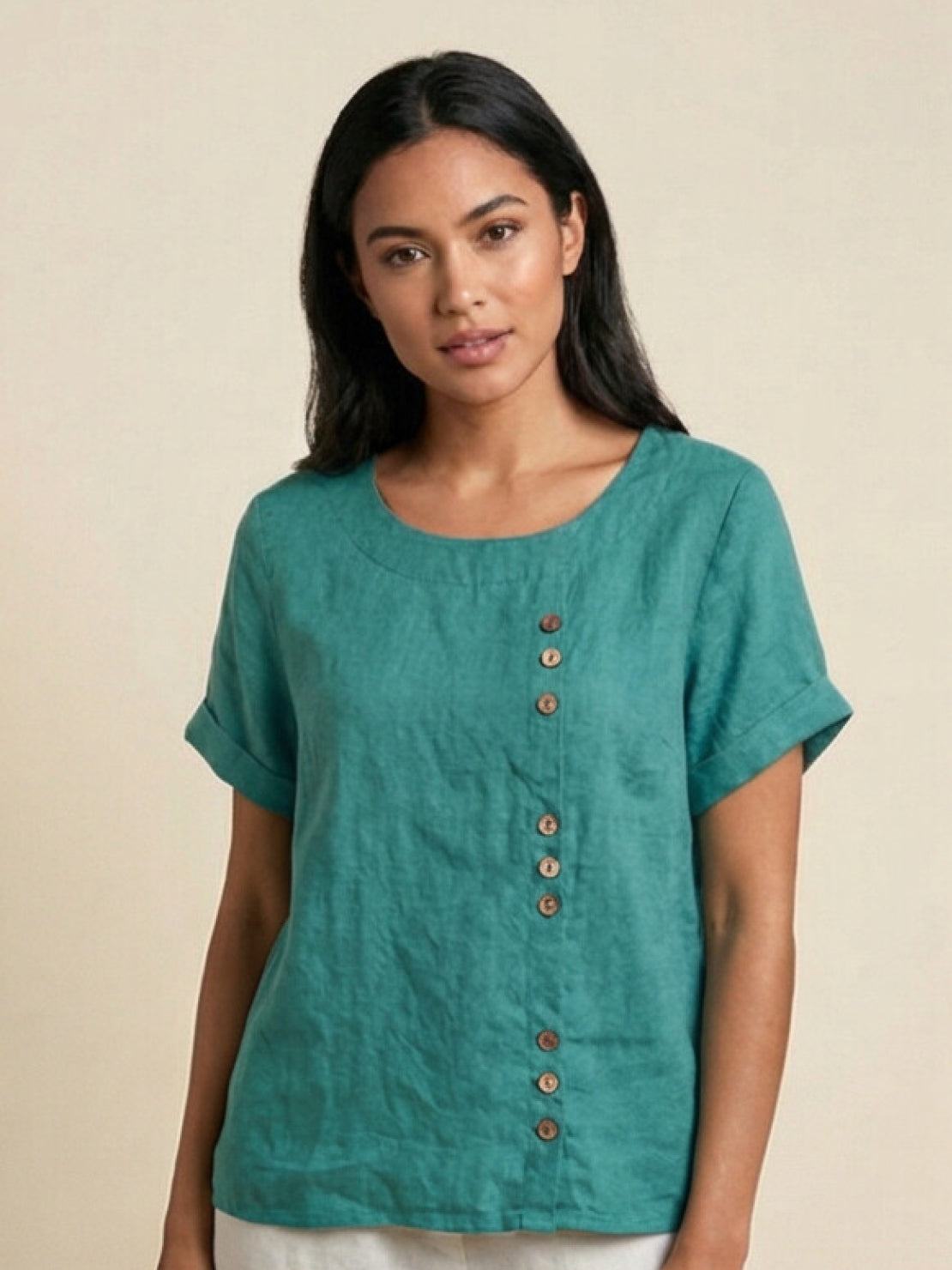 Linnen Ronde Hals Blouse met Knoopsluiting voor Dames