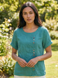 Linnen Ronde Hals Blouse met Knoopsluiting voor Dames