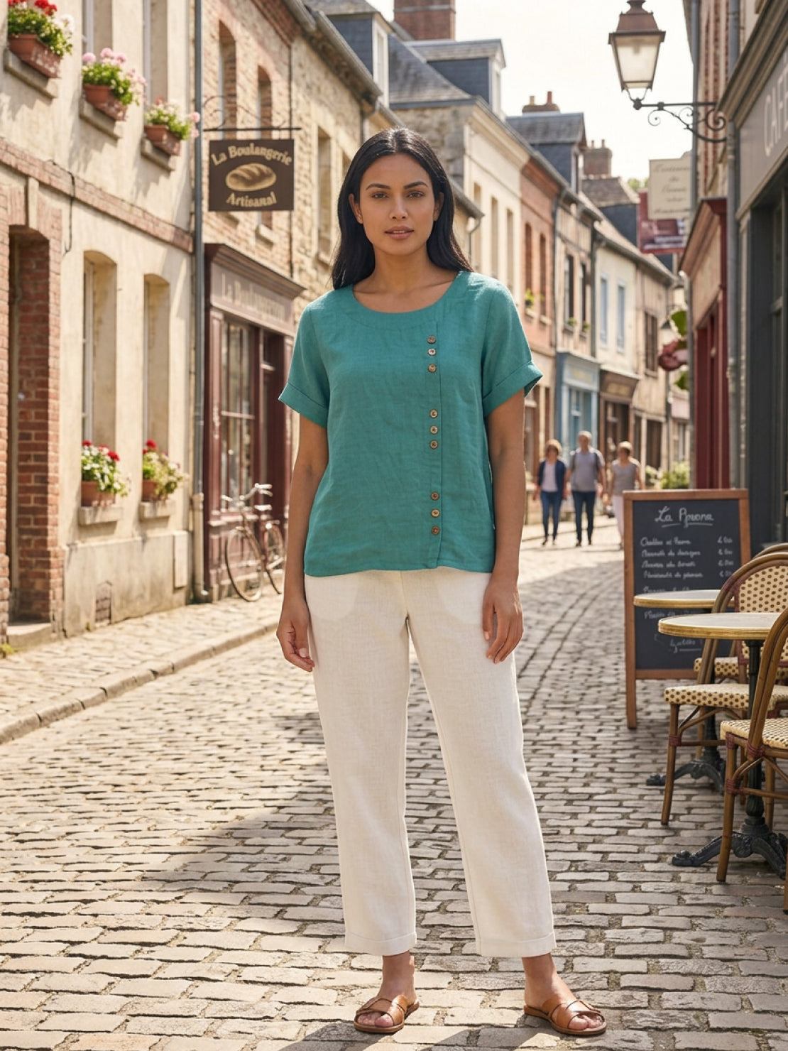 Linnen Ronde Hals Blouse met Knoopsluiting voor Dames
