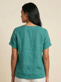 Linnen Ronde Hals Blouse met Knoopsluiting voor Dames