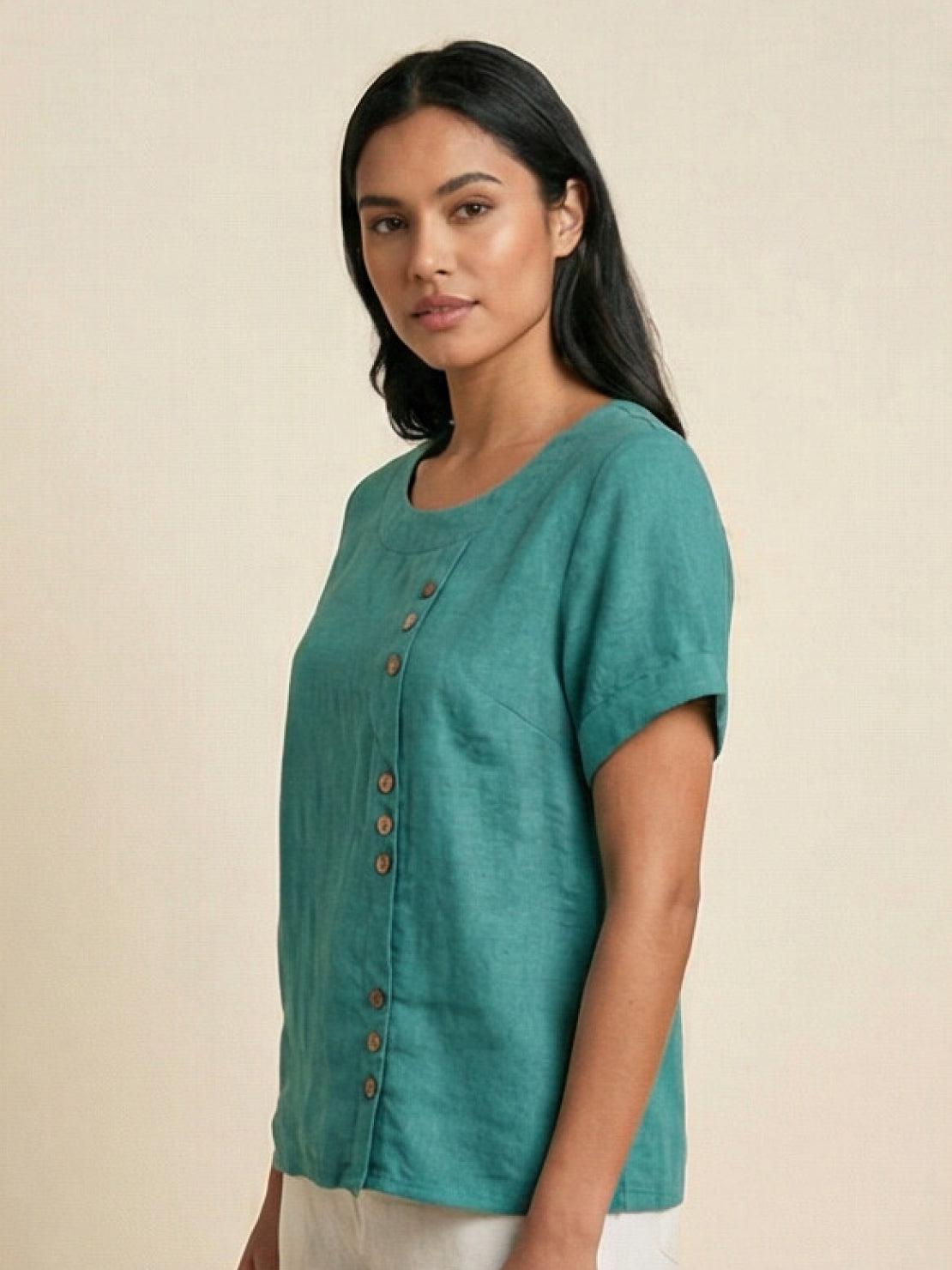 Linnen Ronde Hals Blouse met Knoopsluiting voor Dames