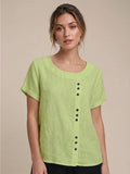Linnen Ronde Hals Blouse met Knoopsluiting voor Dames