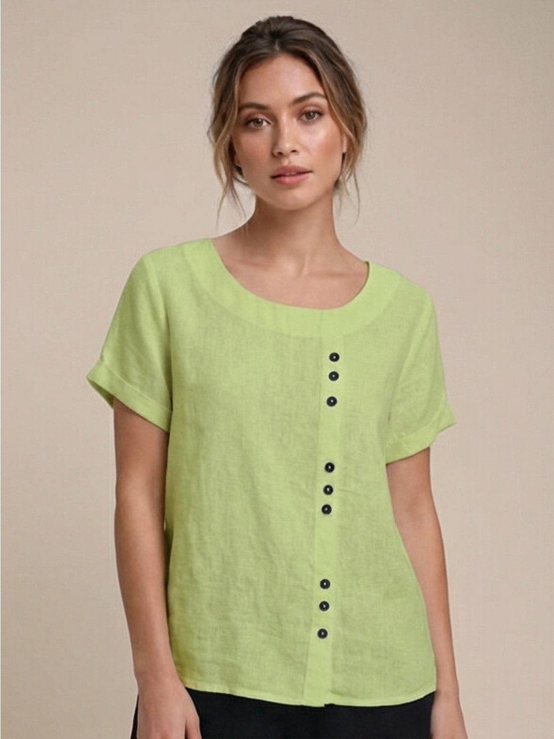 Linnen Ronde Hals Blouse met Knoopsluiting voor Dames