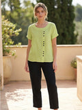 Linnen Ronde Hals Blouse met Knoopsluiting voor Dames