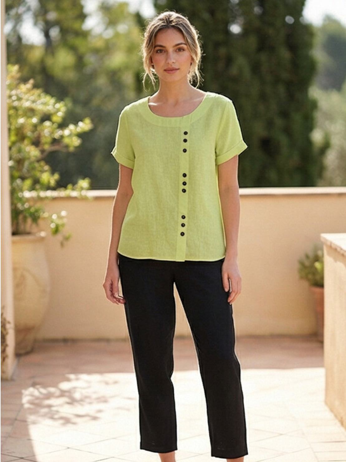 Linnen Ronde Hals Blouse met Knoopsluiting voor Dames