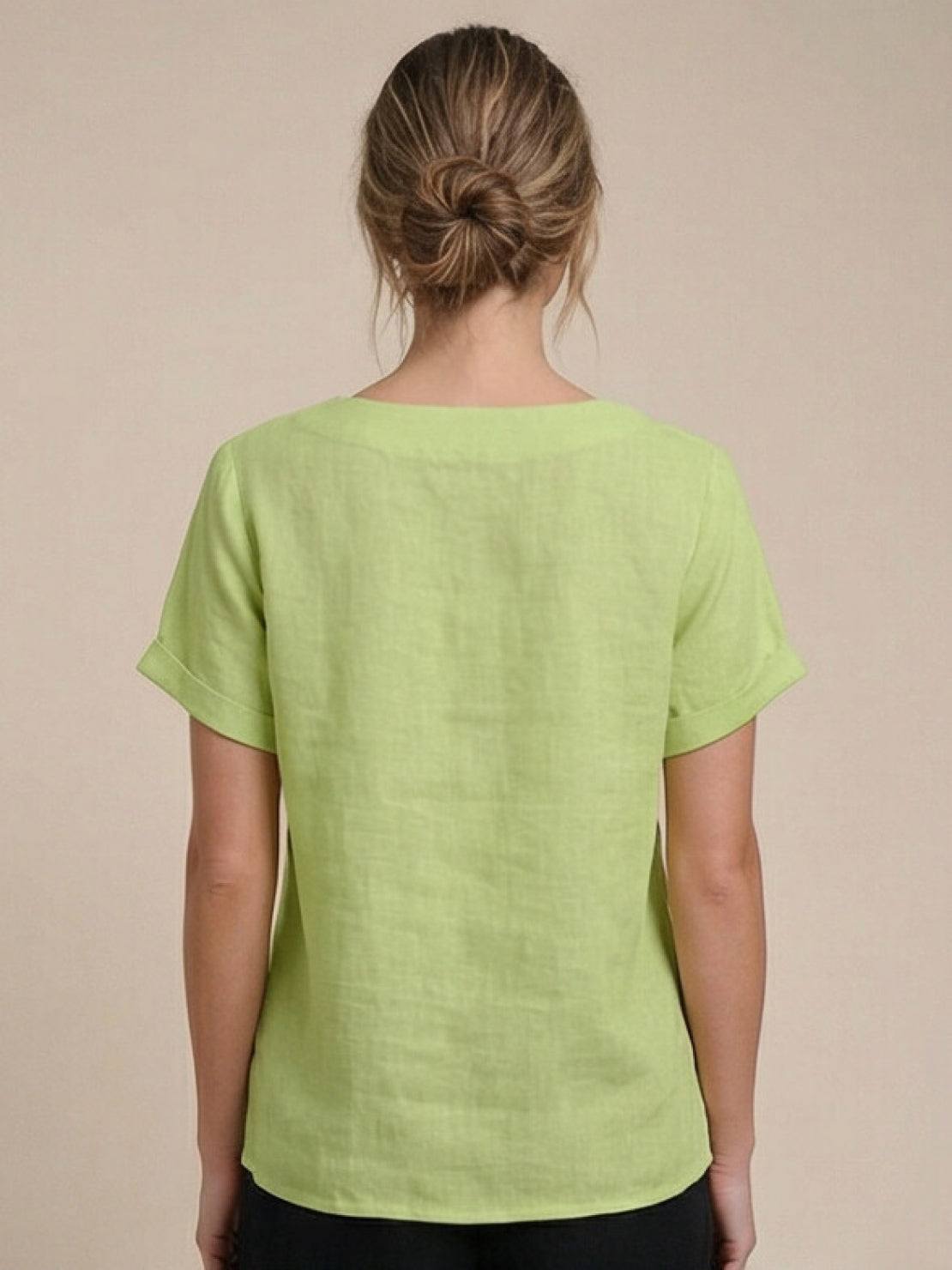 Linnen Ronde Hals Blouse met Knoopsluiting voor Dames