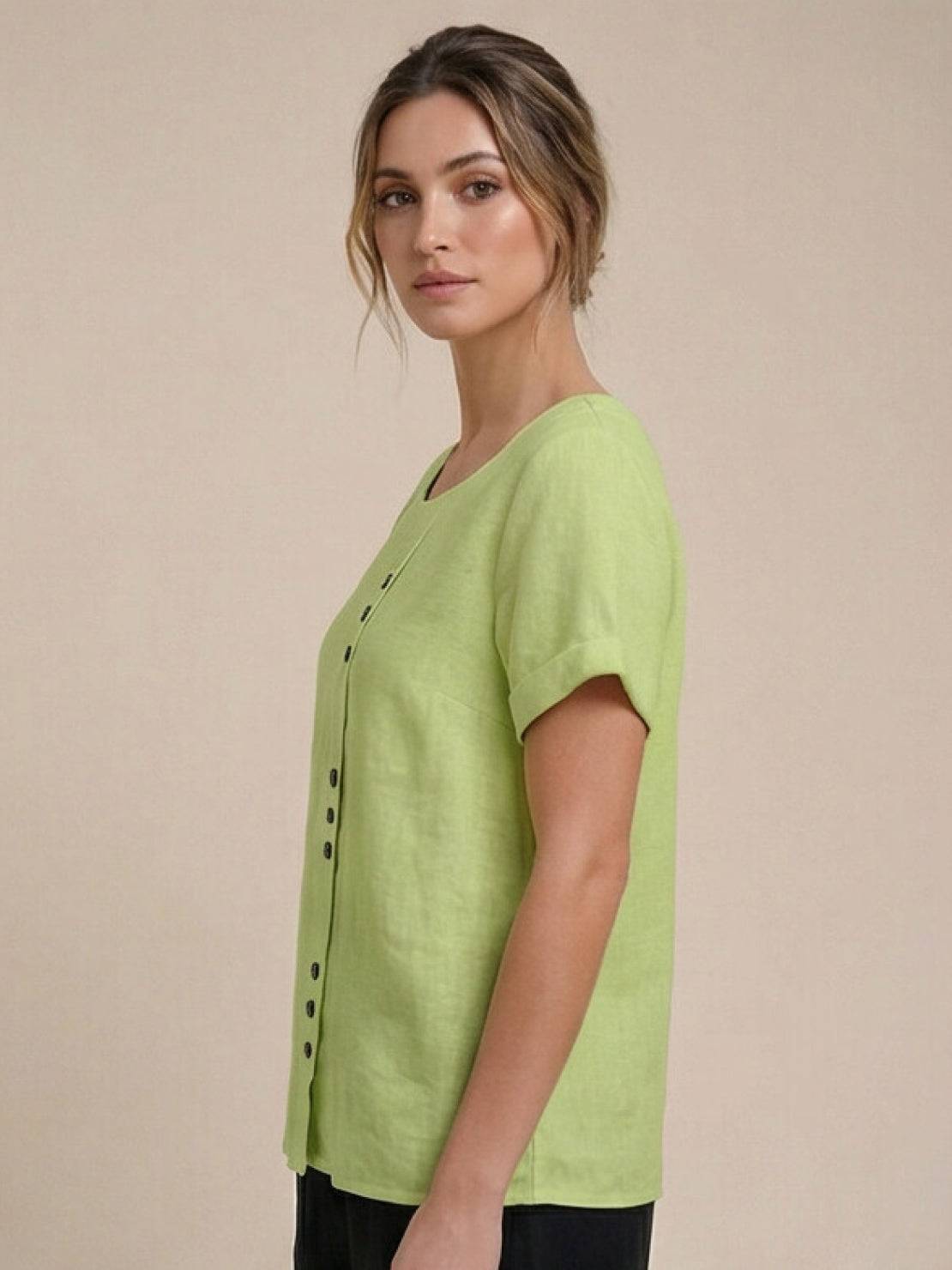 Linnen Ronde Hals Blouse met Knoopsluiting voor Dames