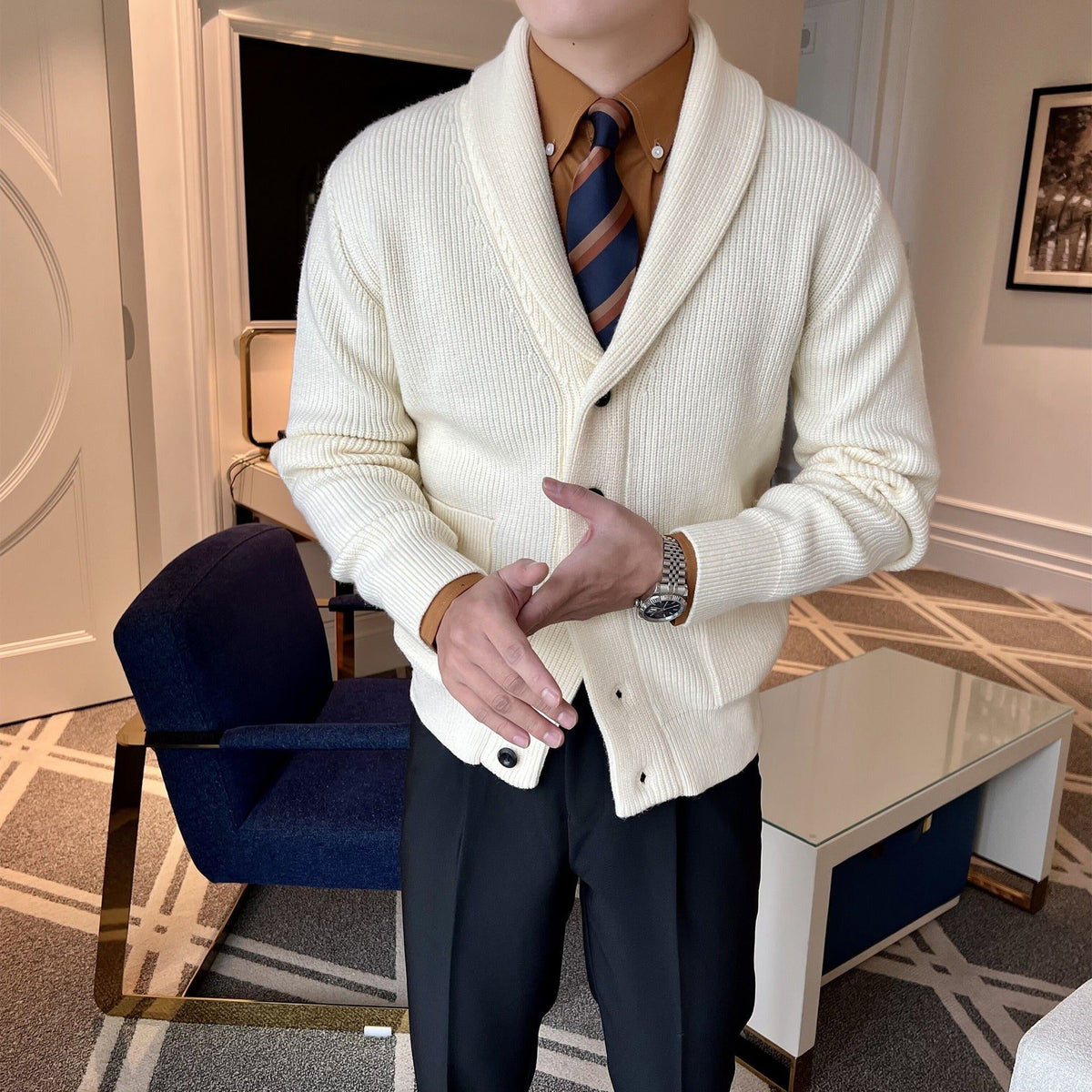 Ribgebreide Reverskraag Cardigan voor Heren