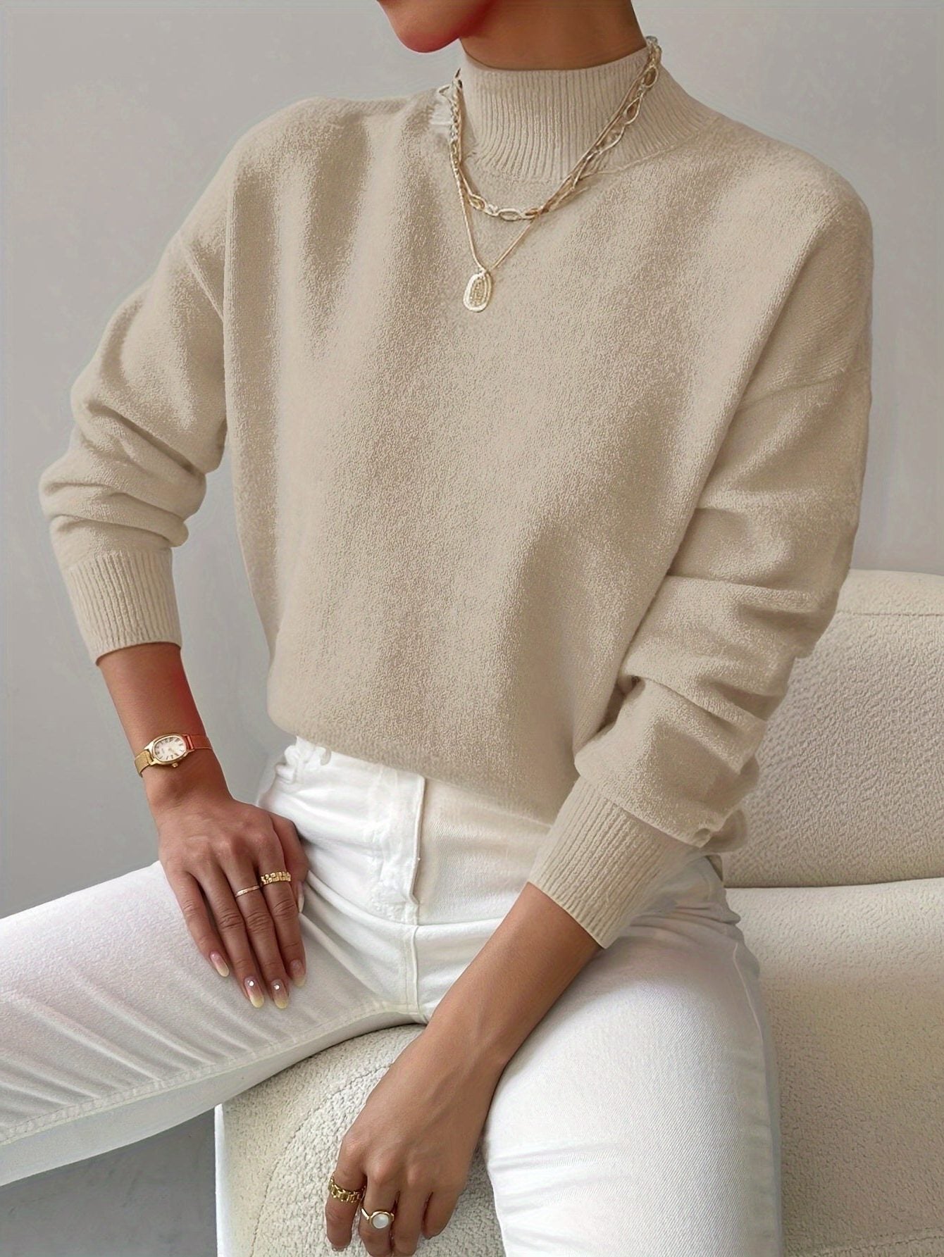 Ribgebreide Rollnek Trui voor Dames - Beige