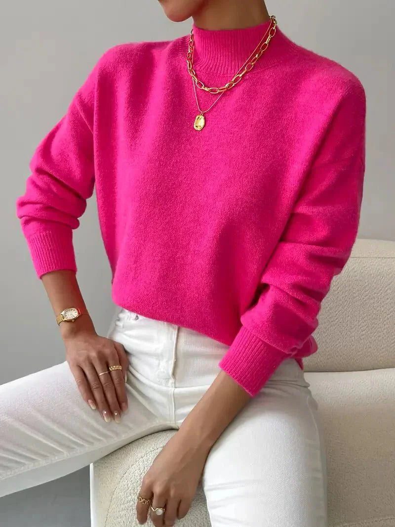 Ribgebreide Rollnek Trui voor Dames - Roze