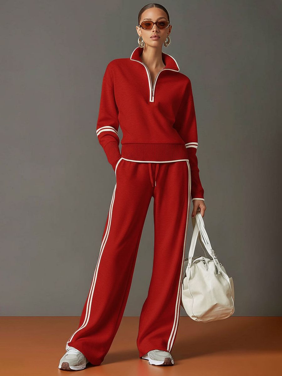 Ritssluiting Tweedelige Set met Wijde Pijp Broek voor Dames - Rood