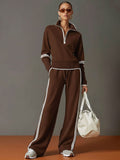 Ritssluiting Tweedelige Set met Wijde Pijp Broek voor Dames - Bruin