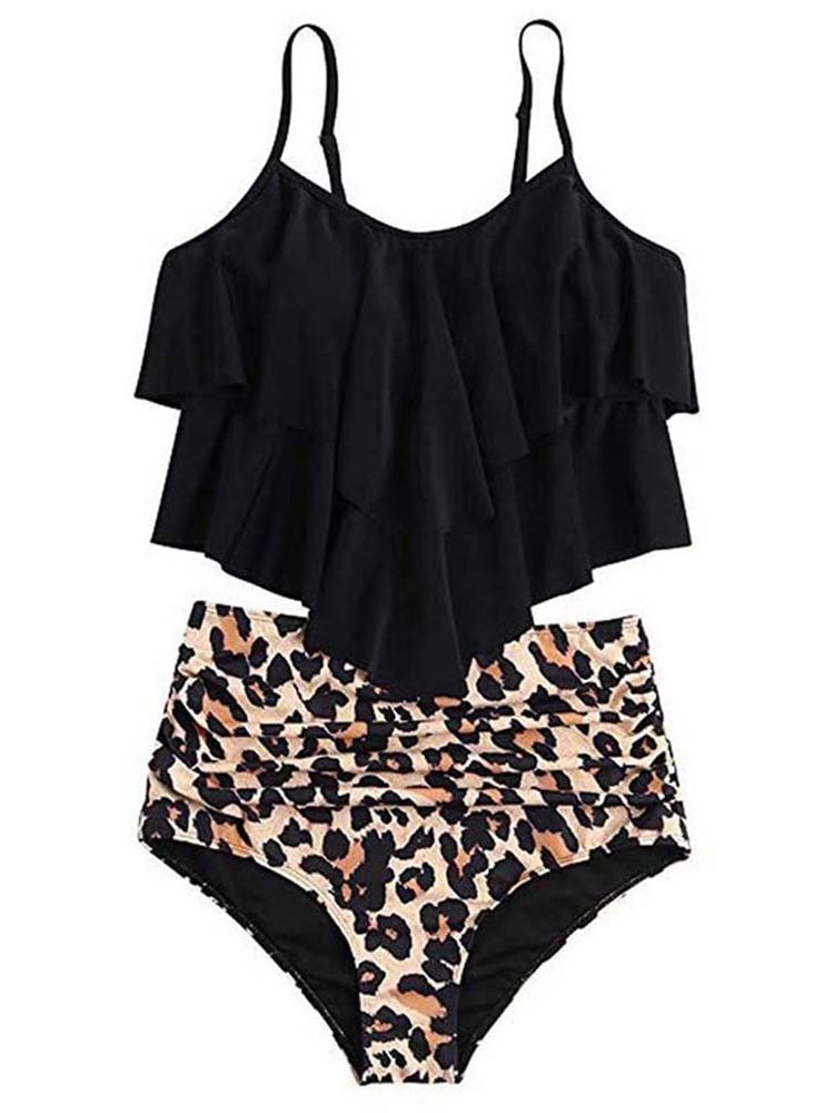 Ruches Bikini met Hoge Taille voor Dames - Zwarte luipaard