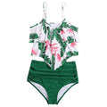 Ruches Bikini met Hoge Taille voor Dames - Groen met bloemen